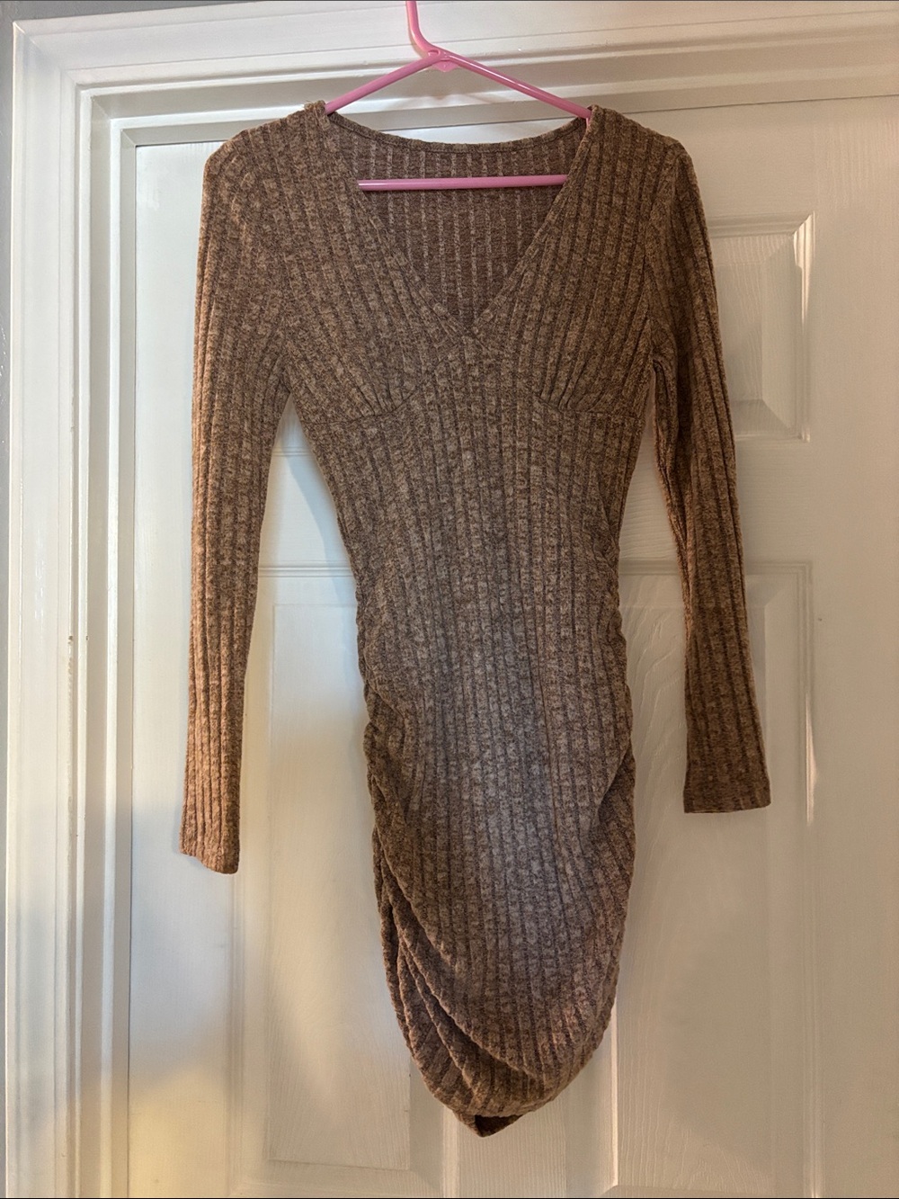 SHEIN Brown Ribbed V-Neck Long Sleeve Bodycon Dress